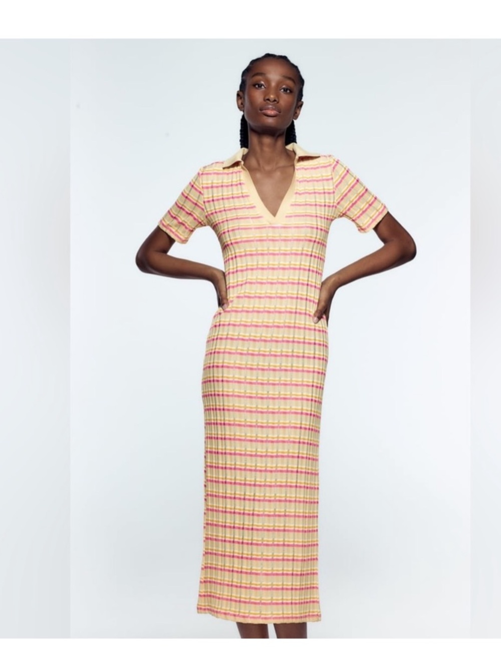 Zara Pink and Yellow Striped Knit Maxi Polo Dress